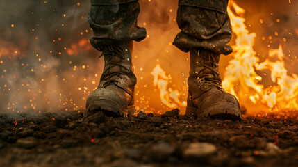 boots of a military army soldier background fire explosion