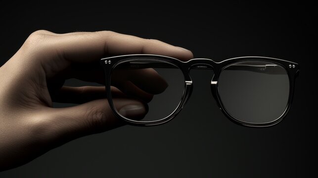 Detailed view of a hand gripping fashionable glasses, classic black tones enhancing the theme of luxury and style