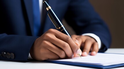 Elegant shot of a hand using a pen, smooth classic blue background, emphasizing clarity and efficient work flow