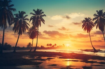 Fototapeta na wymiar Palm Trees On Beach At sunset, summer background 