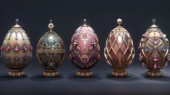 Create packaging for a line of ornate Faberge eggs inspired by the opulence of an underground vault, with each egg adorned with precious gems and fine detailing