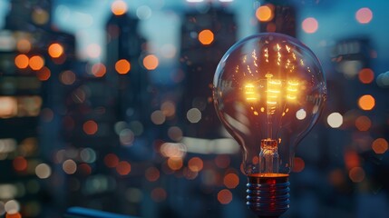 Light bulb with cityscape reflections, conceptualizing innovation, energy, and the urban environment - obrazy, fototapety, plakaty