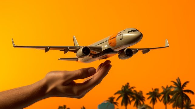 Exciting theme captured in an advertising photo of a hand holding air tickets, vibrant orange background, symbolizing enthusiasm and adventure