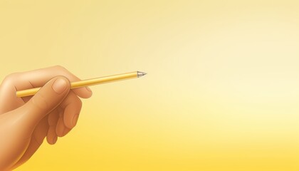 Professional advertising photo of a hand using a pencil, bright yellow background, crisp and dynamic with a focus on productivity