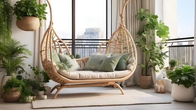  Cozy Balcony or Terrace Interior Design with Swinging Chair, Natural Decoration, and Potted Green Plants. The image should depict a realistic and inviting balcony or terrace setting. A comfortable sw