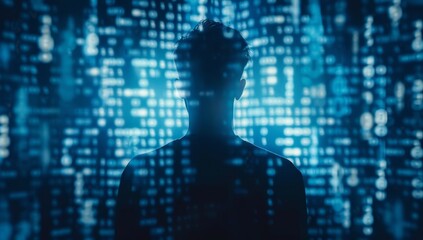 A hacker silhouette in the middle of a computer screen full of binary code, in the style of digital art with dark blue and black colors Generative AI