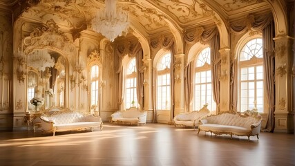  Majestic Golden Ballroom Interior with Opulent Baroque Decorations Bathed in Sunlight. The image should capture the grandeur and elegance of a luxurious ballroom with intricate baroque decorations. T - obrazy, fototapety, plakaty