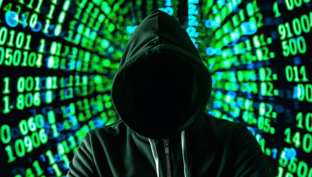 A hooded hacker silhouette on top of computer code, with the screen showing binary numbers in the background Generative AI