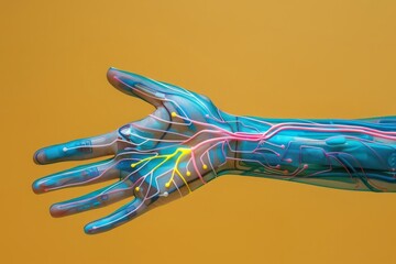 Hand with carpal tunnel, circuit-like lines showing nerve pathways, tech-style pain mapping