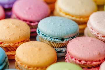 Fototapeta premium Colorful Macaroons sweet cakes set. Many assorted different pastel colours french macarons cookies. Food banner for menu, boutique, store. Pastry shop card. Copy space. Confectionery, cafe, restaurant