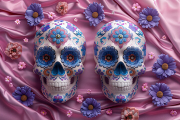 Wallpaper for mobile phones with the image of a skull and scarlet flowers on lilac fabric.