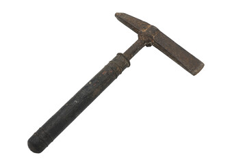 Detail of an old used masonry hammer on white background. It is a pick-type hammer designed to...