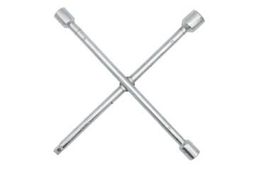 Detail of a typical and classic cross-shaped socket wrench for car wheel screws and bolts on a white background