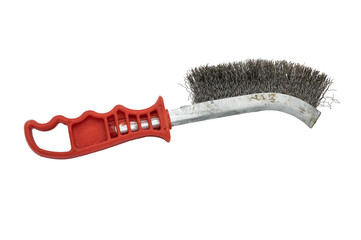 Detail of a cheap bristle brush on white background. Metal brush with steel bristles and red...