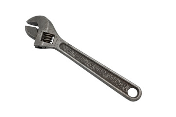 Detail of an old workshop wrench on a white background. It is deteriorated due to intensive use over the years.