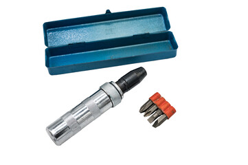 Detail of a workshop tool with its case on a white background. It is an impact screwdriver with...