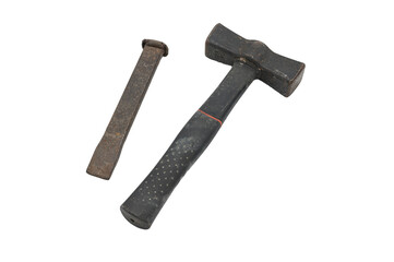 Detail of a flat chisel for drilling and demolition along with a heavy mallet on a white background. They are masonry tools. They are a little damaged due to intensive use.