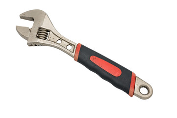 Detail of a large workshop wrench on a white background. It has a black and red plastic and rubber...