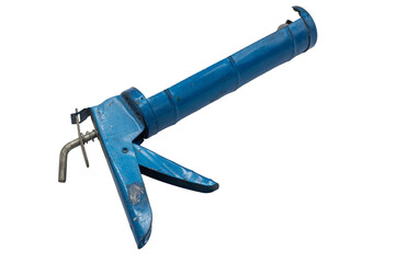 Detail of a silicone gun to comfortably dispense the silicone that comes in tubes. This blue socket and ratchet tool is on a white background
