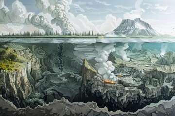 Detailed graphic of the sulfur cycle, volcanic emissions to oceanic sinks - obrazy, fototapety, plakaty