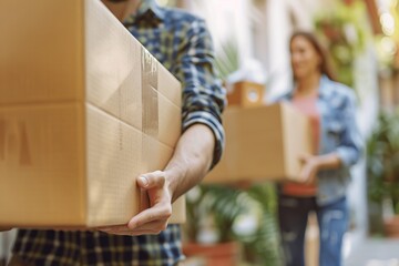 Man holding heavy cardboard boxes relocation, moving house or courier delivery. Young couple is having fun with cardboard boxes in new home at moving day. Mortgage Loan, Investment Concept. Relocation