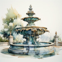 Watercolor Antique Fountains Illustration, Generative Ai