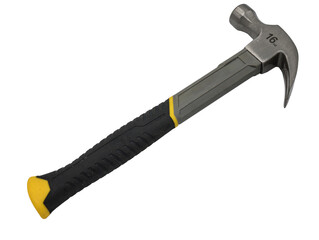 Detail of a modern carpenter's hammer or claw hammer, it has a black and yellow plastic and fiber...
