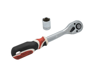 Detail of a black and red ratchet wrench type tool with a socket next to it. On white background.