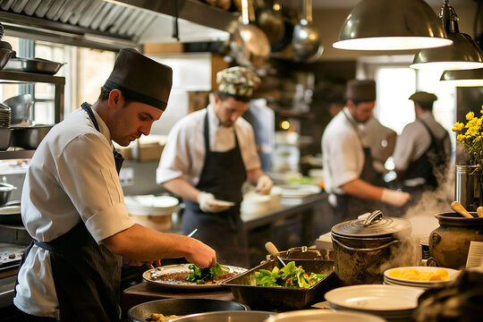 Busy Restaurant Kitchen, Chefs At Work, Kitchen Porter And Waiting Staff In The Background, Cooking Staff, Food Preparation