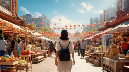 Fototapeta premium Asian women travel lifestyle, China food market street in Beijing. Chinese tourists walking in city streets on Asia vacation tourism, panoramic banner.