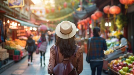 Asian women travel lifestyle, China food market street in Beijing. Chinese tourists walking in city streets on Asia vacation tourism, panoramic banner.