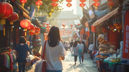 Asian women travel lifestyle, China food market street in Beijing. Chinese tourists walking in city streets on Asia vacation tourism, panoramic banner.