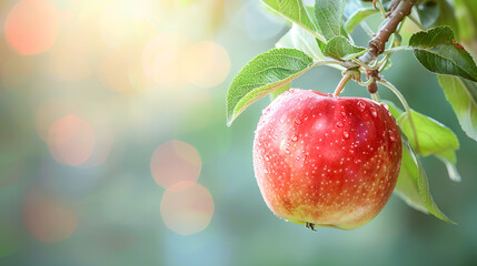 Red ripe apples hang on a branch in an apple orchard - obrazy, fototapety, plakaty