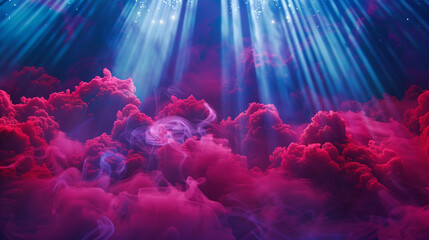 A dynamic array of vibrant crimson smoke billowing against a backdrop of deep indigo, illuminated by cascading beams of light. - obrazy, fototapety, plakaty