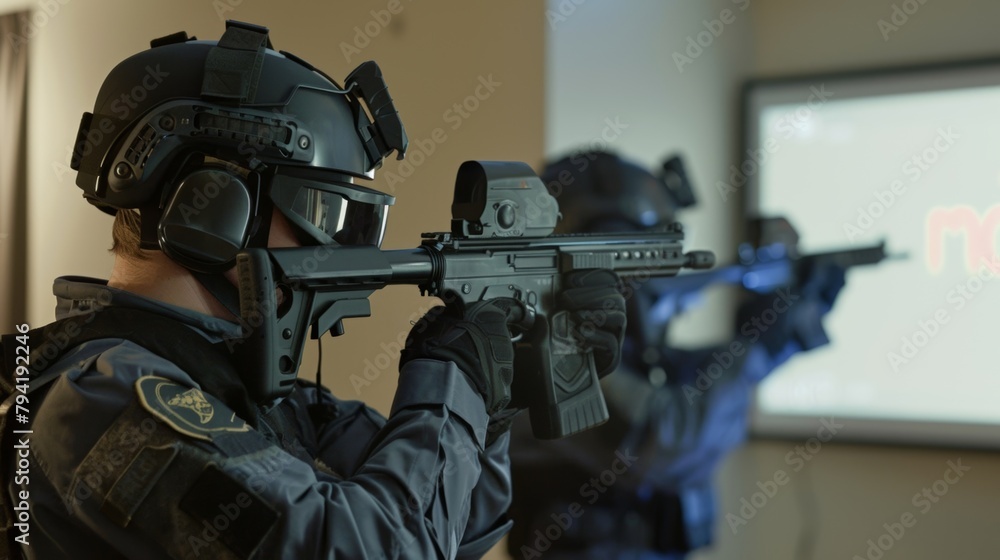 Poster A VR simulation allows security forces to practice their communication skills and coordination while responding to a hostage situation in a hotel. .