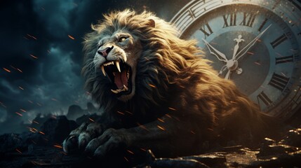 Create a high-angle close-up view of a roaring lion against a backdrop of melting clocks reminiscent of Salvador Dalis style in a surreal oil painting - obrazy, fototapety, plakaty