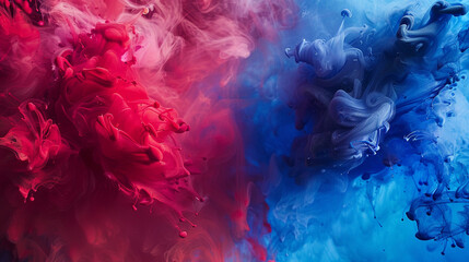 Angular bursts of ruby red and cobalt blue collide, creating a smoky paint backdrop filled with abstract intensity. - obrazy, fototapety, plakaty