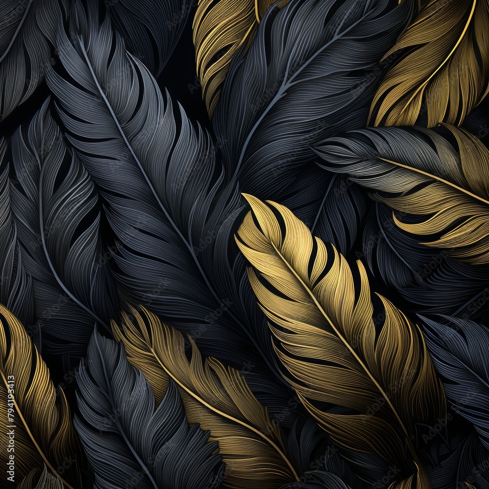Poster a creepy pattern of feathers from a raven dark golden tint drawing