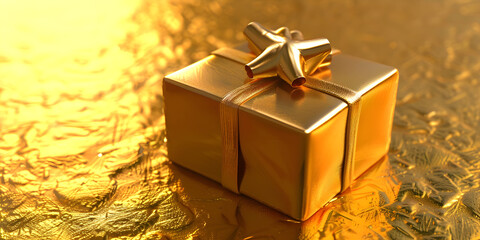 christmas, gifts, HD wallpaper.Gold luxury gift box, ribbon bow, golden light on bokeh background