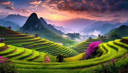 Fototapeta premium rice terraces at sunset