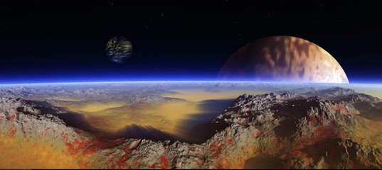 Beautiful alien landscape with two satellites, 3D rendering
