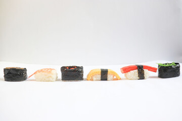 sushi and chopsticks white background