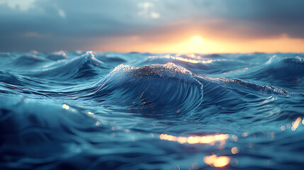Design a digital visualization of light waves moving across a tranquil ocean.