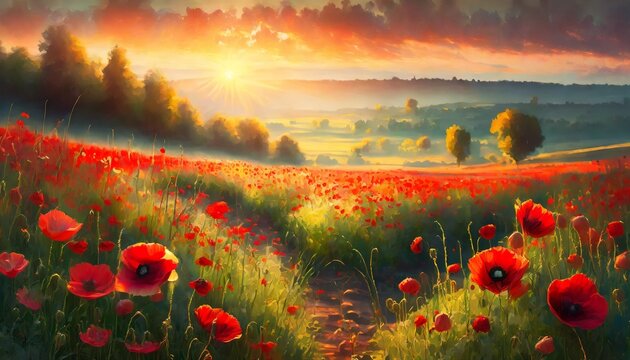 poppy field at sunset