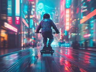 A man is riding a skateboard in a city at night. The city is lit up with neon signs and the man is wearing a helmet. Scene is energetic and adventurous