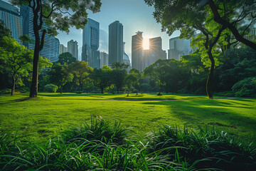 Fototapeta premium Green environment city and downtown business district. Public park in metropolis city center