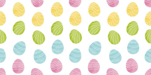Cute illustration with colorful Easter eggs with watercolor texture, spring banner