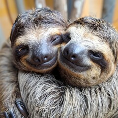 Naklejka premium Two happy sloths embracing each other with closed eyes and smiling faces.
