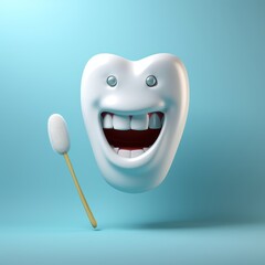 Tooth with cotton swab on blue background. 3d illustration. Dental Concept with Copy Space.
