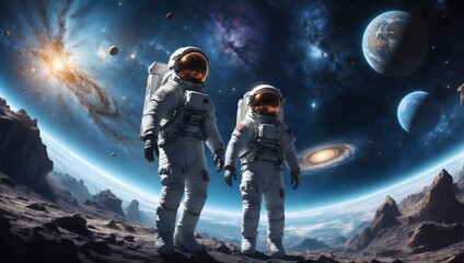 Cosmic Wanderer, Astronaut Explores the Vastness of Space, Surrounded by Billions of Galaxies. Science Fiction Odyssey.